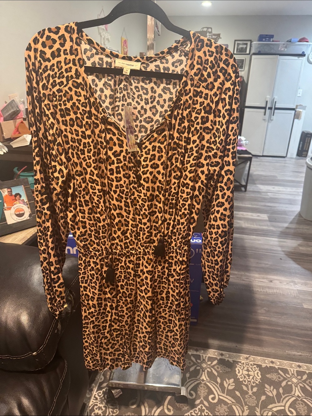 eesome Leopard Print Long Sleeve Mini Dress - Tan and Black